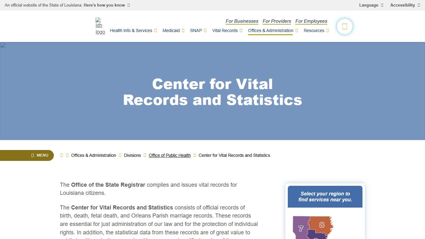 Center for Vital Records and Statistics Louisiana Department of Health